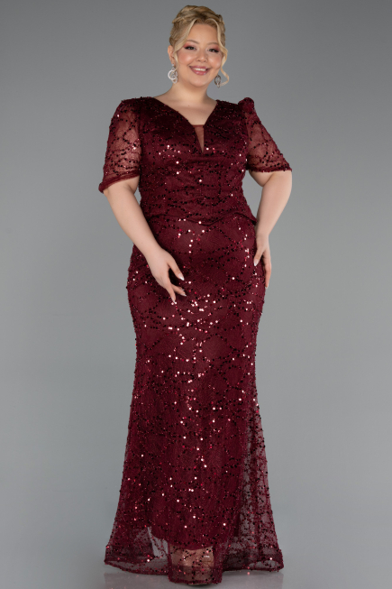 Robe De Soirée Grande Taille Longue Perlé Rouge Bordeaux ABU6334