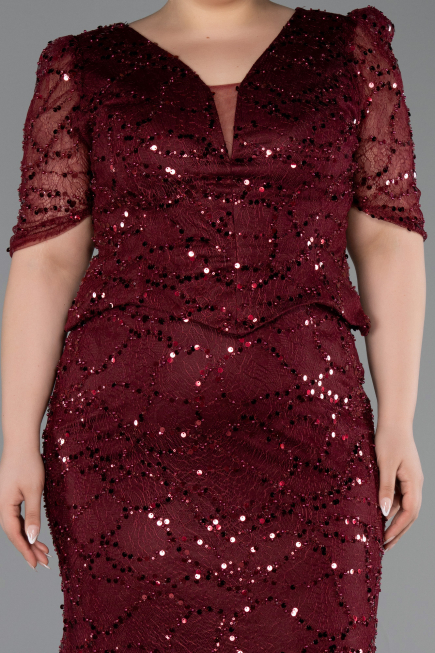 Robe De Soirée Grande Taille Longue Perlé Rouge Bordeaux ABU6334