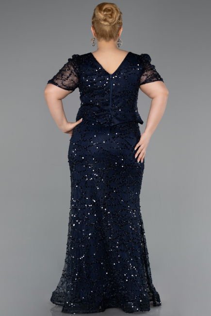 Robe de Soirée Grande Taille Longue Perlé Bleu Marine ABU6334