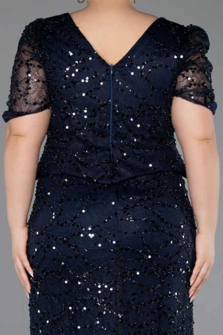 Robe de Soirée Grande Taille Longue Perlé Bleu Marine ABU6334