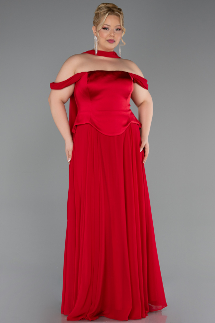 Robe de Soirée Grande Taille Longue Mousseline Rouge ABU5551