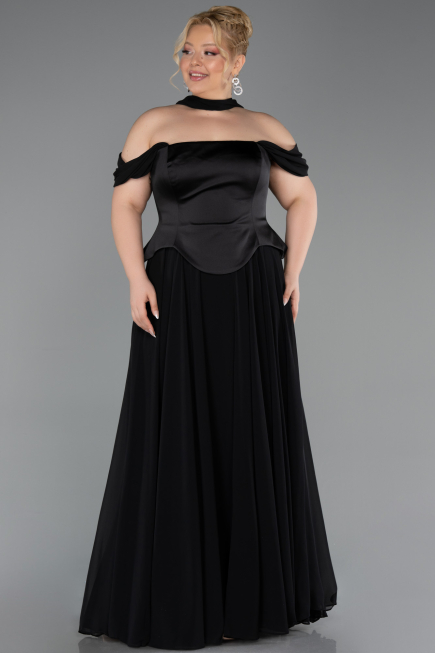 Robe de Soirée Grande Taille Longue Mousseline Noir ABU5551