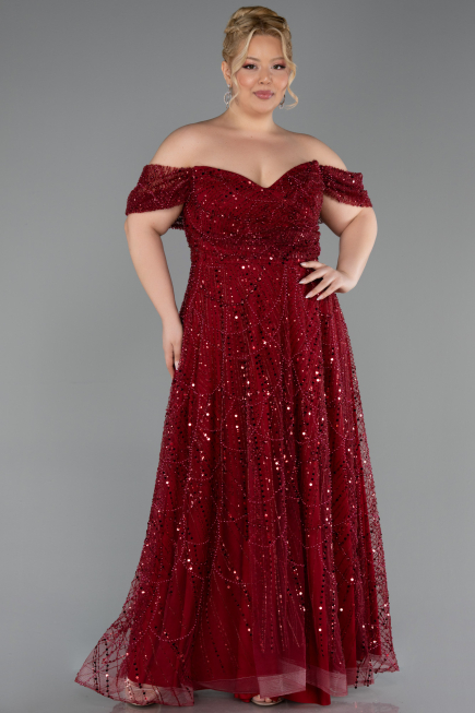 Robe De Soirée Grande Taille Longue Perlé Rouge Bordeaux ABU6347