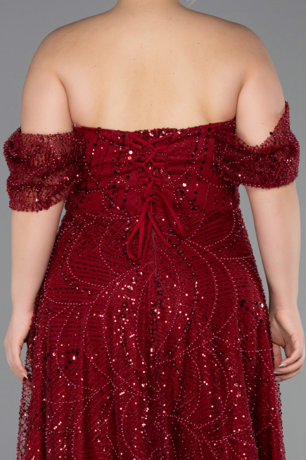 Robe De Soirée Grande Taille Longue Perlé Rouge Bordeaux ABU6347