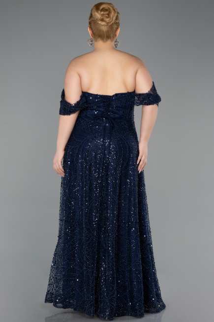 Robe De Soirée Grande Taille Longue Perlé Bleu Marine ABU6347
