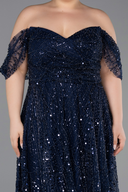 Robe De Soirée Grande Taille Longue Perlé Bleu Marine ABU6347
