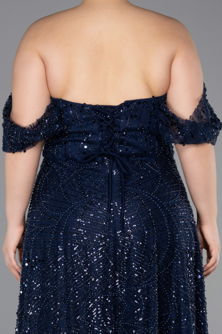 Robe De Soirée Grande Taille Longue Perlé Bleu Marine ABU6347