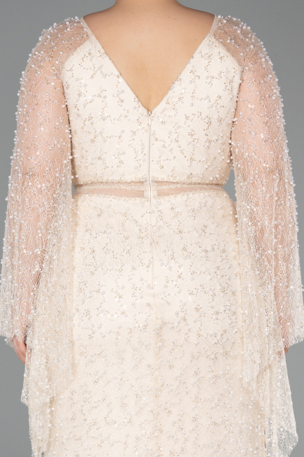 Robe de Soirée Grande Taille Longue Perlé Beige ABU6350