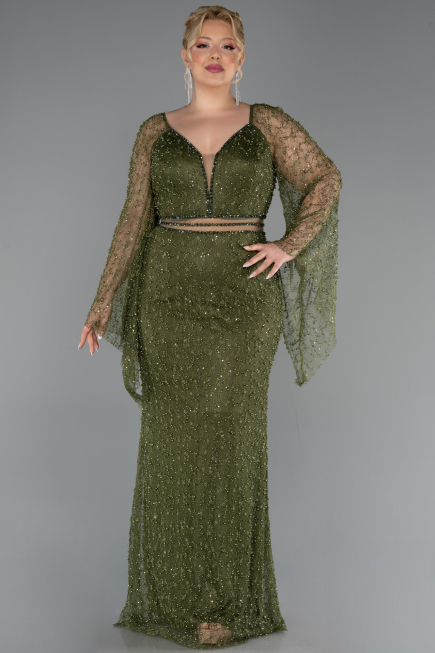 Robe De Soirée Grande Taille Longue Perlé Kaki ABU6350