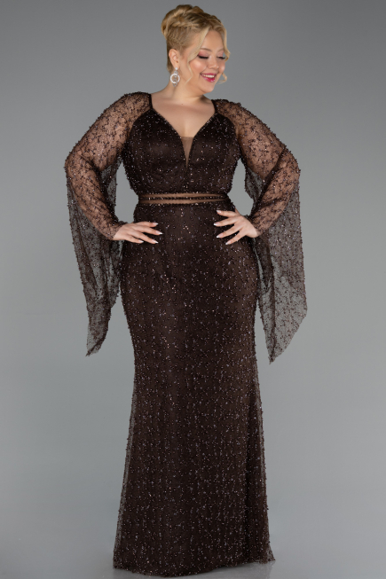 Robe De Soirée Grande Taille Longue Perlé Brun ABU6350