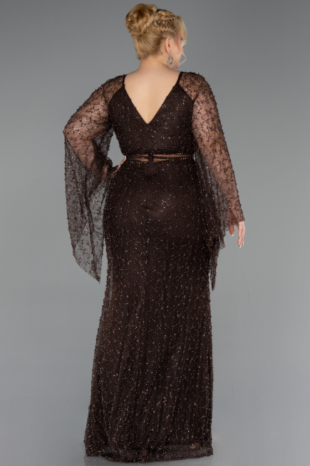 Robe De Soirée Grande Taille Longue Perlé Brun ABU6350