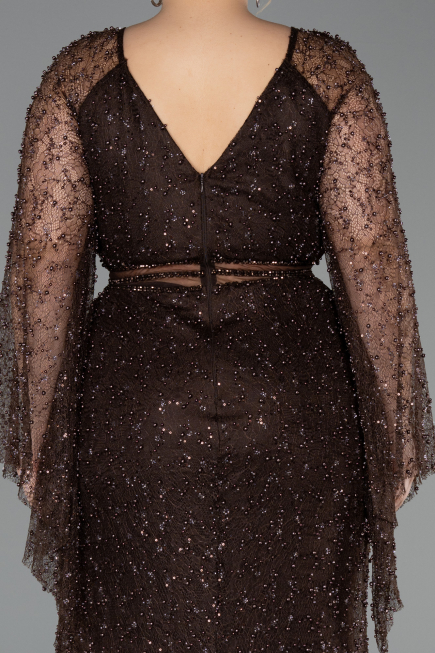 Robe De Soirée Grande Taille Longue Perlé Brun ABU6350
