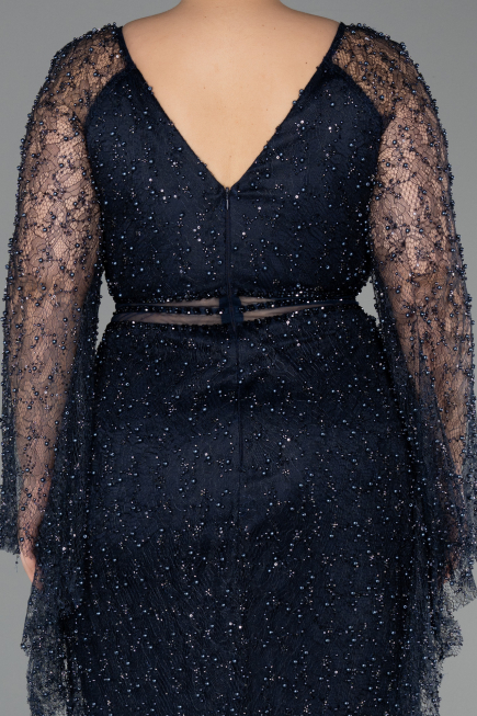 Robe De Soirée Grande Taille Longue Perlé Bleu Marine ABU6350