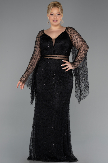 Robe De Soirée Grande Taille Longue Perlé Noir ABU6350
