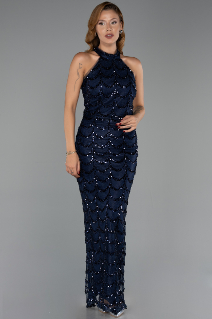 Robe de Soirée Longue Dantelle Bleu Marine ABU6405