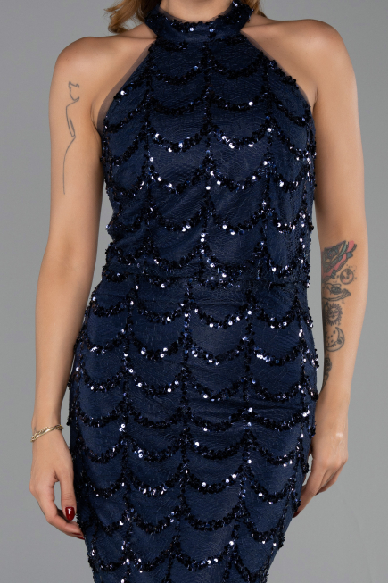 Robe de Soirée Longue Dantelle Bleu Marine ABU6405