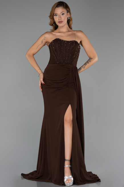 Robe de Soirée Grande Taille Longue Mousseline Brun ABU6072