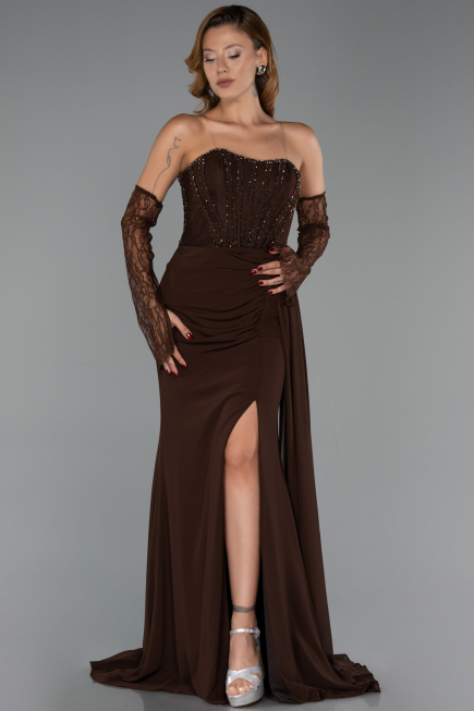 Robe de Soirée Grande Taille Longue Mousseline Brun ABU6072