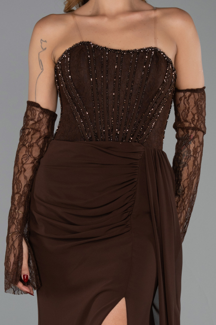 Robe de Soirée Grande Taille Longue Mousseline Brun ABU6072