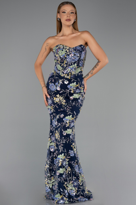Robe de Soirée Longue Bleu Marine ABU6421