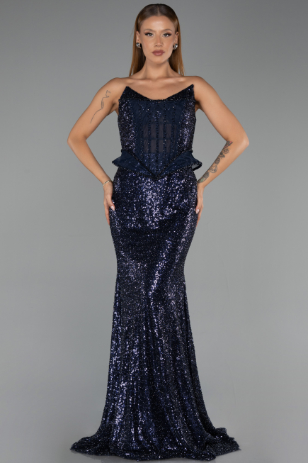 Robe de Soirée Longue Perlé Bleu Marine ABU6444