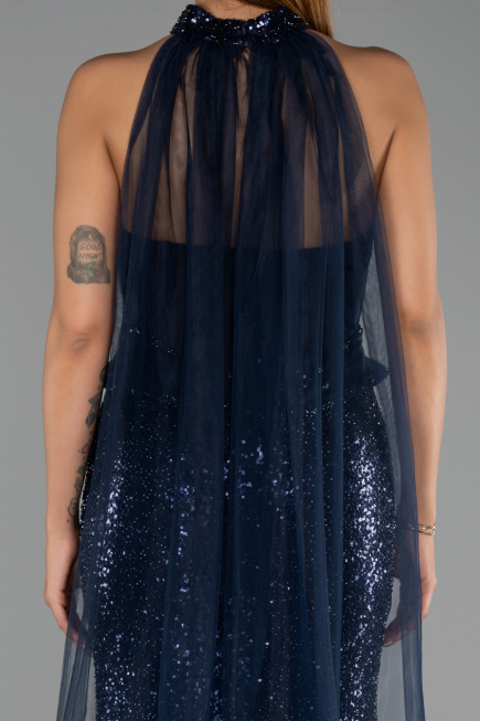 Robe de Soirée Longue Perlé Bleu Marine ABU6444