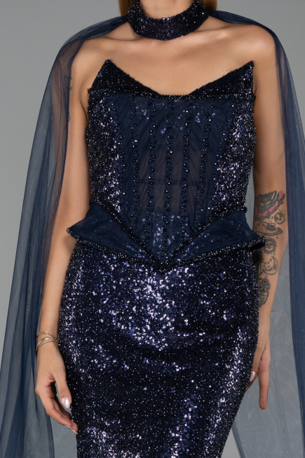 Robe de Soirée Longue Perlé Bleu Marine ABU6444
