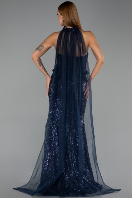 Robe de Soirée Longue Perlé Bleu Marine ABU6444