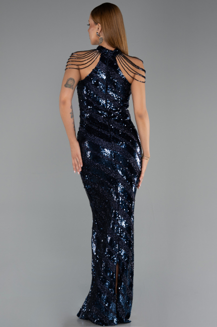 Robe de Soirée Longue Squameuse Bleu Marine ABU6417