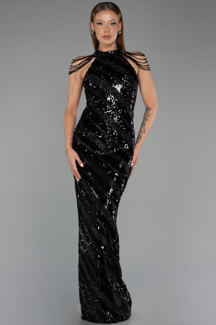 Robe de Soirée Longue Squameuse Noir ABU6417