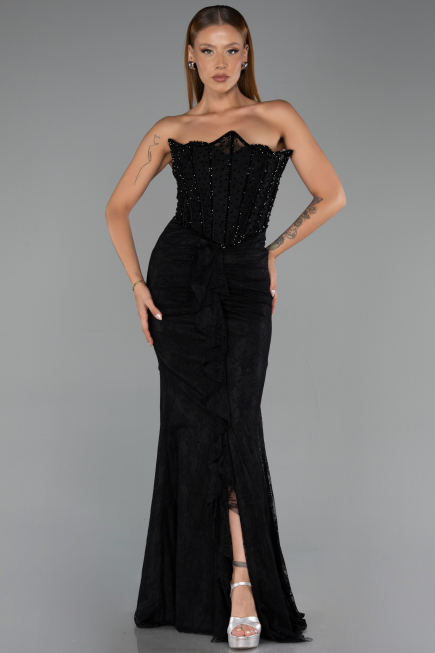Robe de Soirée Longue Dantelle Noir ABU6419
