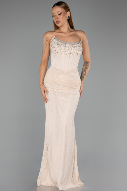 Robe de Soirée Longue Dantelle Beige ABU5717
