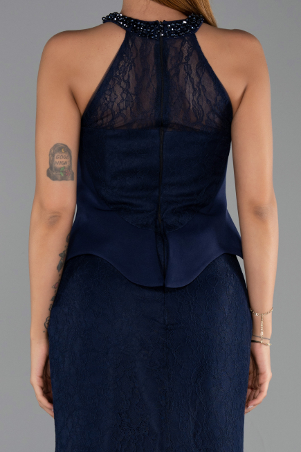Robe de Soirée Longue Dantelle Bleu Marine ABU6425