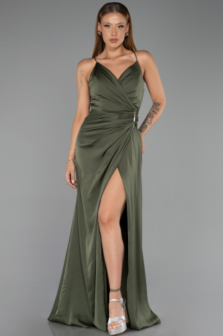 Robe de Soirée Longue Satin Kaki ABU6427