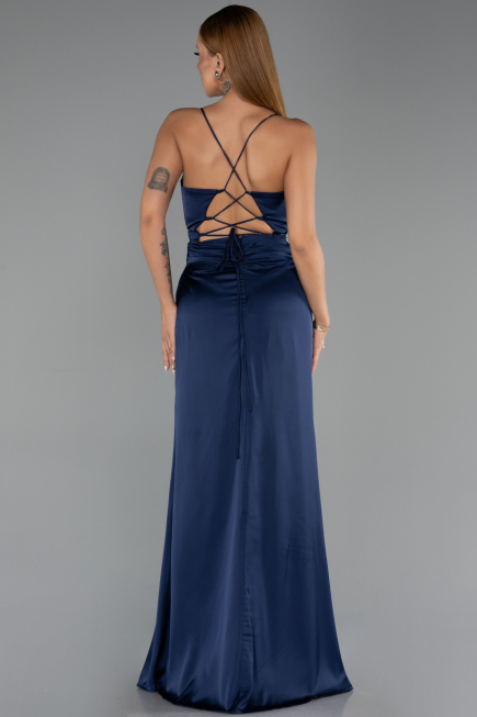 Robe de Soirée Longue Satin Bleu Marine ABU6427