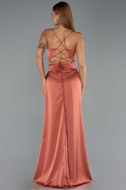 Robe de Soirée Longue Satin Marron Clair ABU6427