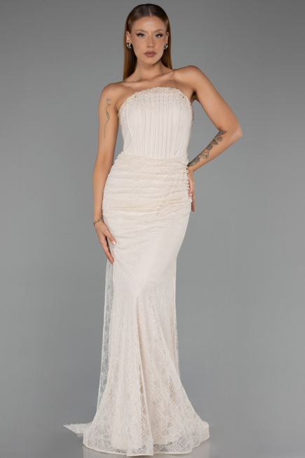 Robe Queue de Poisson Longue Dantelle Beige ABU6256