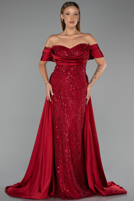 Robe de Soirée Grande Taille Longue Perlé Rouge Bordeaux ABU6414