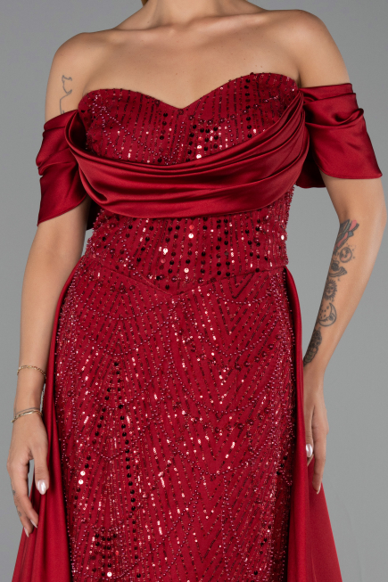Robe de Soirée Grande Taille Longue Perlé Rouge Bordeaux ABU6414