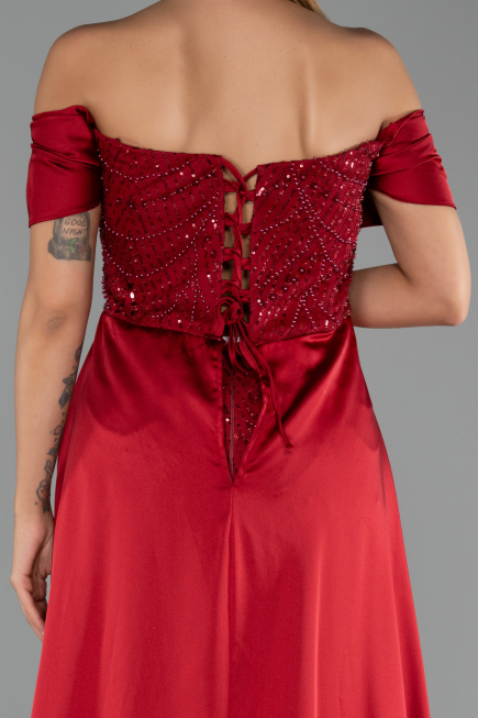Robe de Soirée Grande Taille Longue Perlé Rouge Bordeaux ABU6414