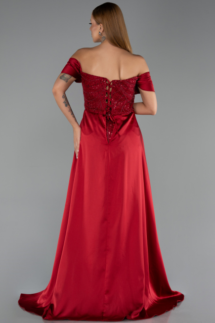 Robe de Soirée Grande Taille Longue Perlé Rouge Bordeaux ABU6414