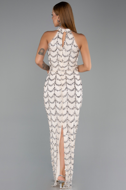 Robe de Soirée Longue Dantelle Beige ABU6405