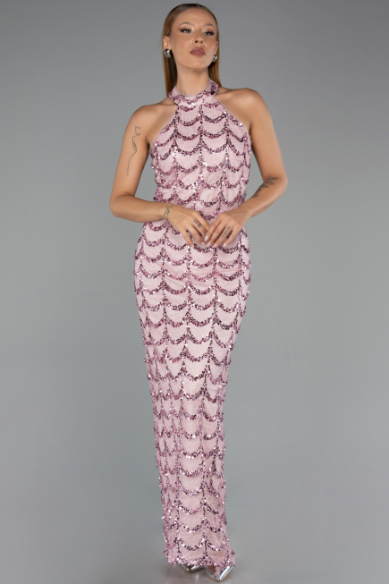 Robe de Soirée Longue Dantelle Poudre ABU6405