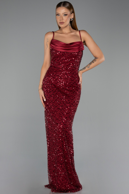 Robe de Soirée Longue Squameuse Rouge Bordeaux ABU6308