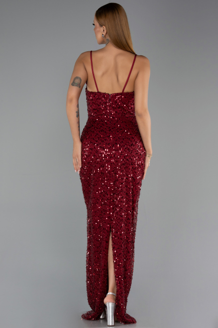 Robe de Soirée Longue Squameuse Rouge Bordeaux ABU6308