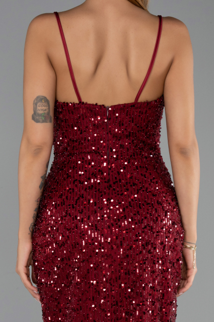 Robe de Soirée Longue Squameuse Rouge Bordeaux ABU6308