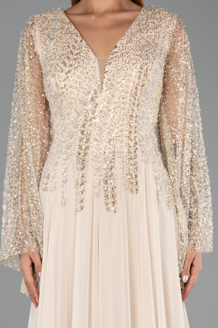 Robe de Soirée Grande Taille Longue Mousseline Beige ABU6434