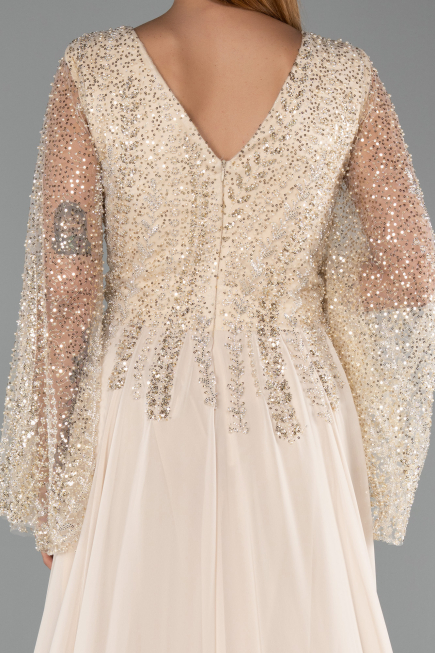 Robe de Soirée Grande Taille Longue Mousseline Beige ABU6434