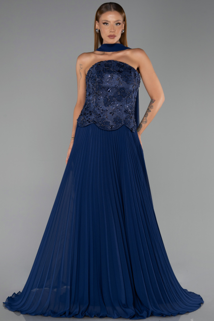Robe de Soirée Longue Mousseline Bleu Marine ABU6436