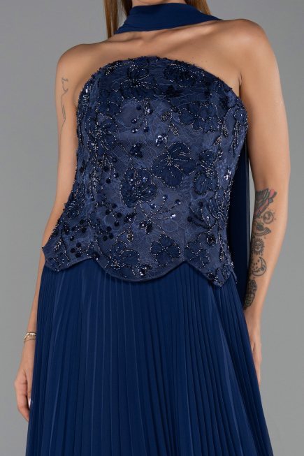 Robe de Soirée Longue Mousseline Bleu Marine ABU6436